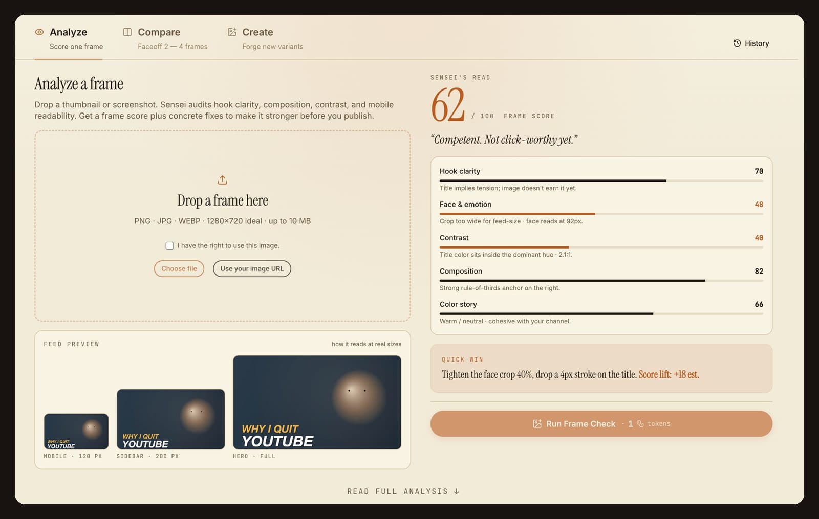 Hookami Frame Studio interface for thumbnail analysis and comparison