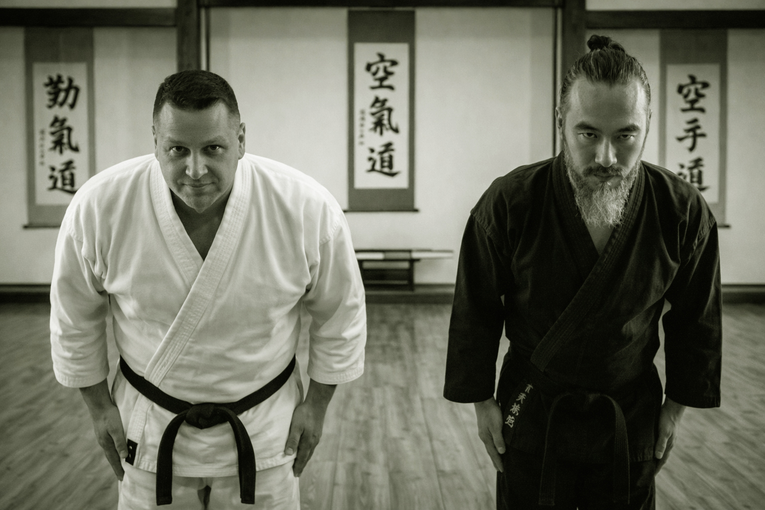 Marius Stoicescu and Sensei Hookami bowing in the dojo