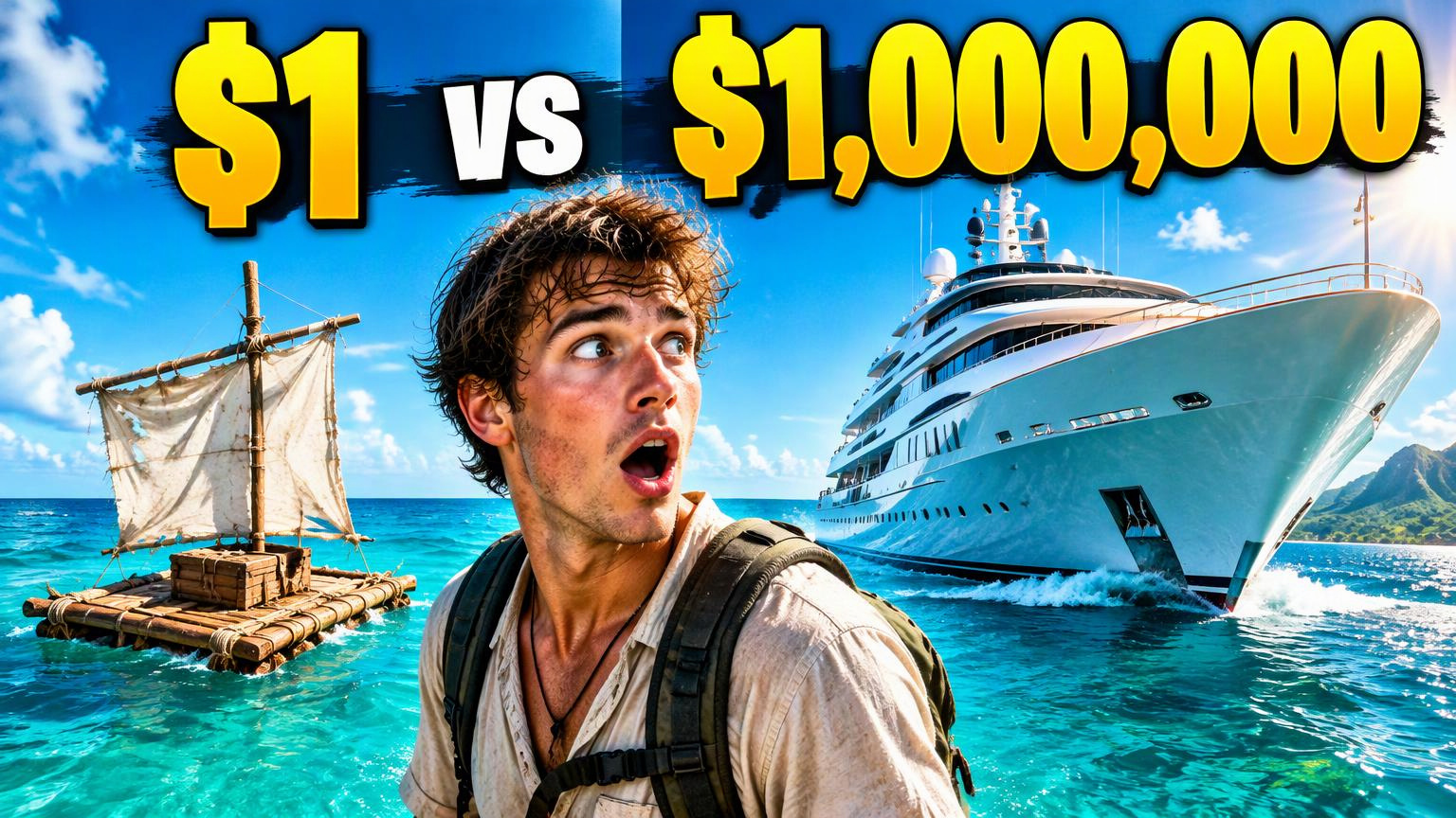 Frame Studio YouTube thumbnail: a close-up of an astonished adventurer between a handmade raft and a luxury yacht, with the headline $1 vs $1,000,000