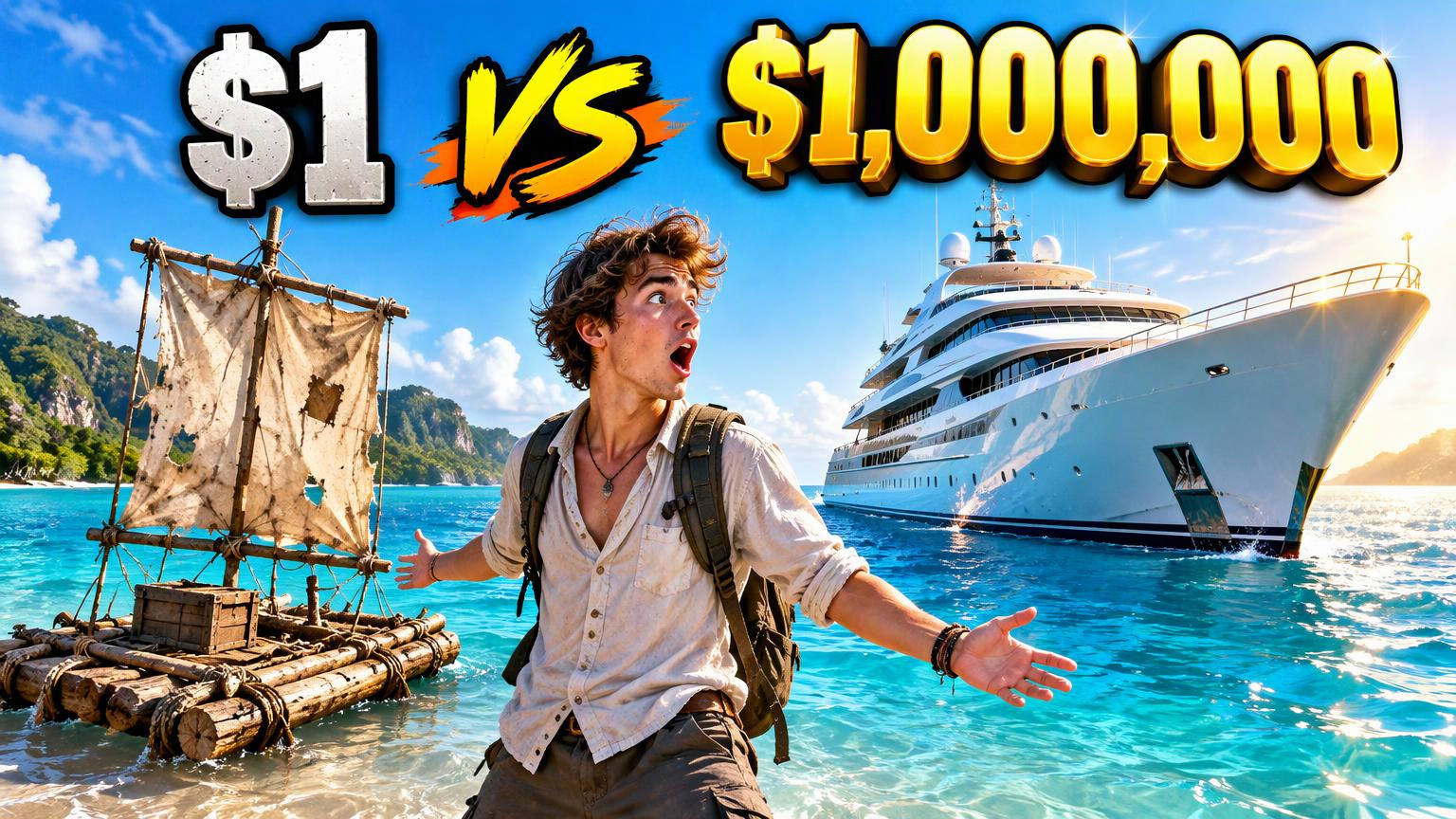 Frame Studio YouTube thumbnail: an adventurer with outstretched arms between a raft and a luxury yacht, with the headline $1 vs $1,000,000