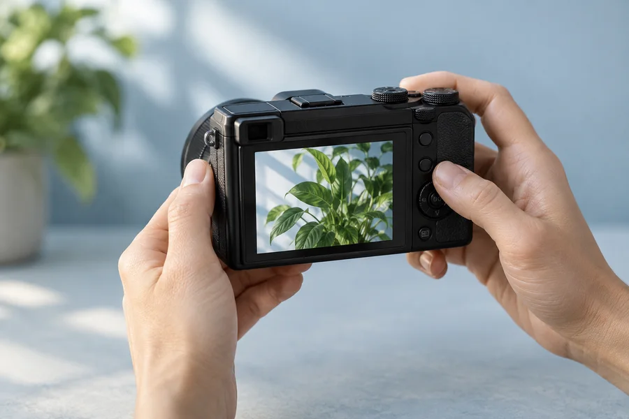 A sharply focused plant on the camera screen