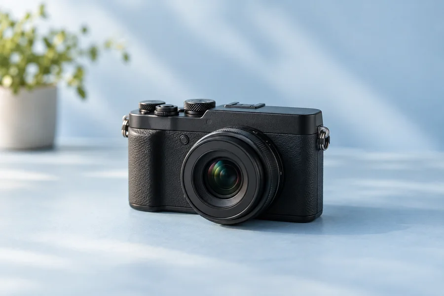 A compact camera on a blue tabletop