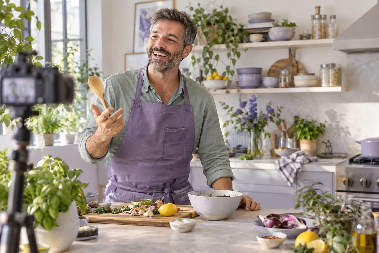 A food creator enjoying a cooking demonstration in a bright kitchen