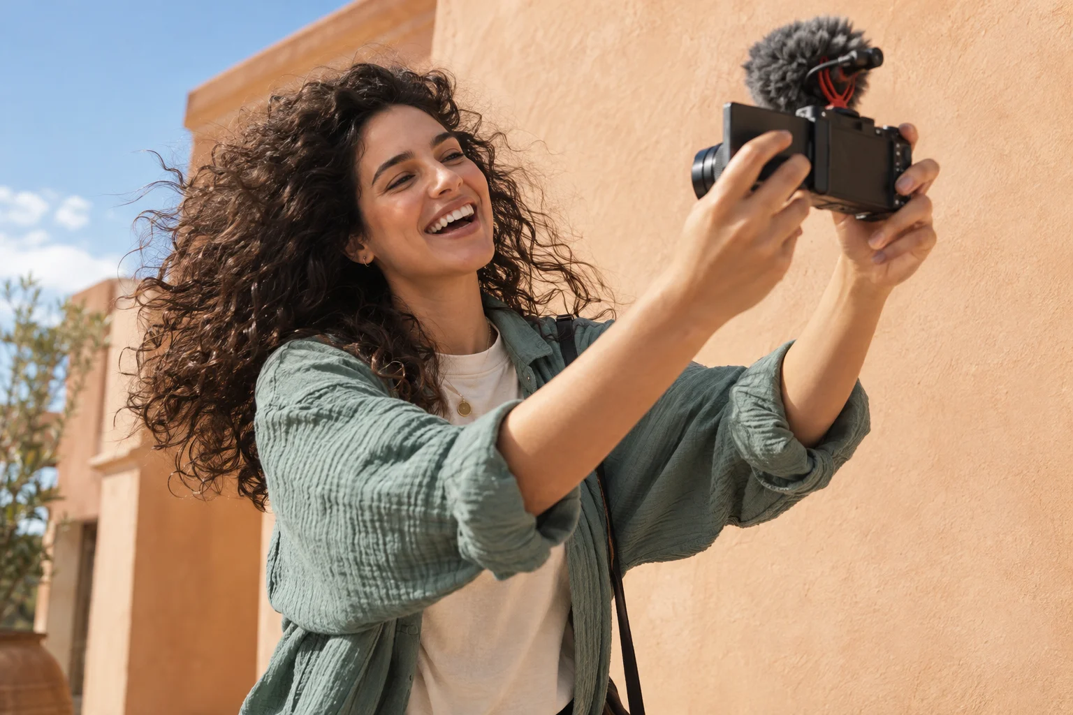 A filmmaker lifting her camera with a joyful smile in the sunshine
